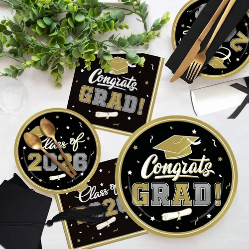 Vista 3 de Decoraciones de graduación de clase de 2026, juego de vajilla de fiesta de graduación de graduación negro y dorado, platos de papel desechables