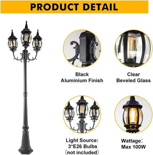 Vista 10 de LUTEC Lámpara de poste LED para exteriores con triple cabezal, luces de calle vintage cableadas para césped, patio, camino, jardín, poste de luz