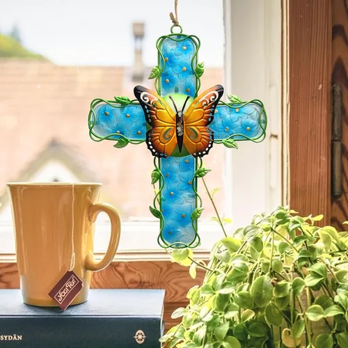 Vista 2 de COOZZYHOUR Decoración de pared de metal con cruz de metal y cristal, flor de hortensia azul, decoración para exteriores, interiores, hogar, jardín