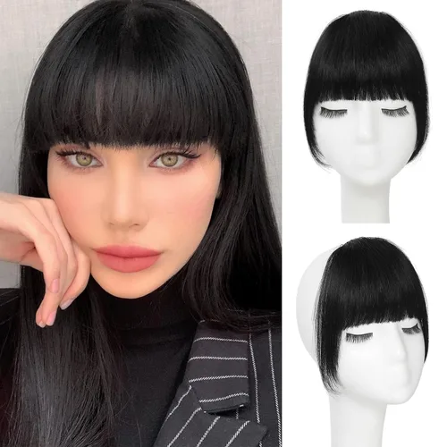 Vista 11 de YBYMCAI Flequillo con clip - Flequillo de pelo humano real, flequillo marrón negro, flequillo falso, flequillo de pelo humano, flequillo tenue