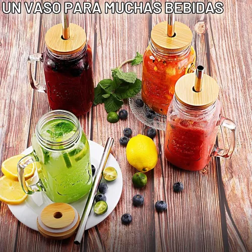 Vista 6 de Paquete de 4 tarros Mason de 24 onzas con asa, vasos reutilizables para beber, tarros Mason con tapas de bambú y popotes de acero inoxidable, vaso