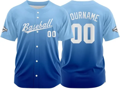 Vista 43 de Camiseta de béisbol con degradado personalizado, nombre, número y logotipo personalizados para hombres, mujeres y niños
