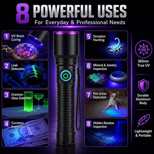 Vista 6 de luz negra de la linterna ULTRAVIOLETA de 365nm recargable para la detección