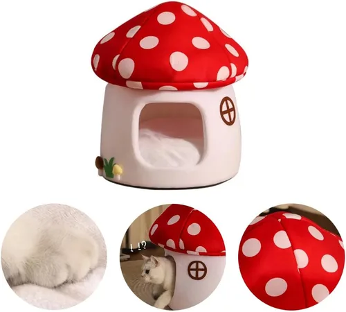 Vista 3 de Mushroom Shape Cat House Cow Shape Cats Cave Bed Semi-Enclosed Cave-Style Warm Cat House Pet Nest for Cats Small Dogs Rojo Champiñón