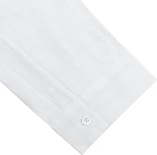 Vista 6 de JEKAOYI Camisas de lino con botones para hombre, estilo casual, manga larga, ajuste regular, de algodón, con bolsillo