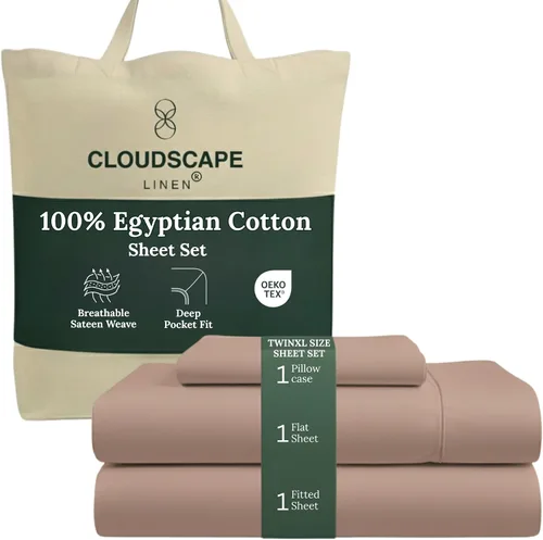 Vista 24 de Cloud Scape Linen - Juego de sábanas de algodón egipcio de doble capa, tamaño individual, tejido de satén de fibra larga, juego de 3 piezas, ropa