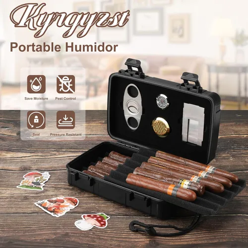 Vista 3 de Estuche para cigarros de viaje con capacidad para 10 puros, humidor de cigarros portátil incluye cortador de puros, humidificador, higrómetro, juego