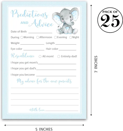 Vista 2 de Blue Elephant - Tarjetas de predicción y consejos – Paquete de 25 – Juegos de baby shower para niños, nuevos padres, mamá y papá futuros, mensaje