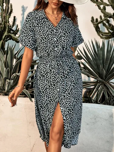 Vista 4 de CUPSHE Vestido camisero de manga corta con botones y volantes para mujer vestido de verano de manga corta cuello en V vestido midi