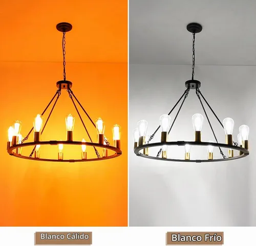 Vista 6 de Candelabro de rueda de carro de 31.5 pulgadas, 12 luces, color negro y dorado, lámpara de granja, lámpara rústica de comedor, iluminación colgante