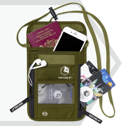 Vista 3 de Cartera de viaje para el cuello con bloqueo RFID, bolsa de cuello para pasaporte para hombres y mujeres para mantener los documentos seguros, Verde