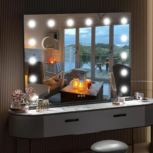Vista 7 de Hasipu Espejo de tocador con luces, espejo de maquillaje de 32 x 24 pulgadas, espejo iluminado con 14 luces LED regulables y aumento de 10X, 3 modos