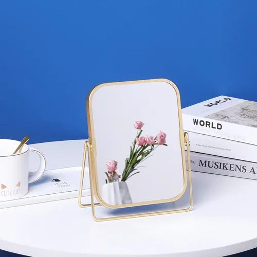 Vista 5 de Espejo de maquillaje de mesa dorado, espejo de tocador cuadrado de doble cara, espejo de escritorio para baño casero