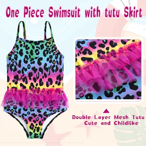 Vista 2 de swimsobo Traje de baño tutú de una pieza para niñas, traje de baño colorido de sirena con tirantes cruzados para niños de 2 a 8 años
