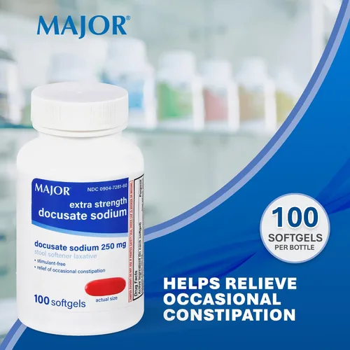 Vista 2 de MAJOR Docusate Sodium 250 mg, laxante suavizante de heces extra fuerte para alivio ocasional del estreñimiento, sin estimulantes, 100 cápsulas