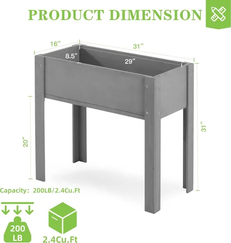 Vista 3 de Cama de jardín elevada con patas, 31 x 16 x 31 pulgadas, jardinera elevada de madera para exteriores, cedro gris, patas gruesas, con forro Marrón