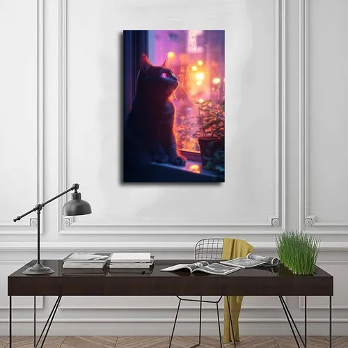Vista 3 de ZMLIS Vaporwave Cat Wall Art – Y2K Cyber Aesthetic Poster – Retro Futuristic Room Decor Canvas Poster Wall Art Decor Print Picture Paintings for