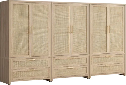 Vista 17 de SICOTAS Armario Ropero Gabinete de Ratán, Gabinete de Almacenamiento de 71" con Puertas, 2 Cajones y Barra Colgante, Organizador de Ropa Boho Roble