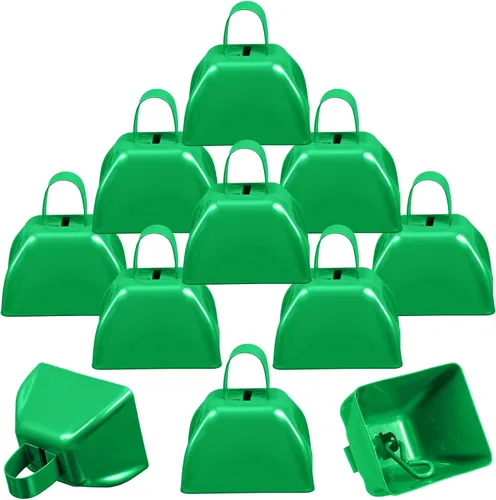 Vista 12 de Therwen Paquete de 12 campanas de metal para hacer ruido de vaca, con asa de 3 pulgadas, campanas de percusión de mano a granel para eventos Azul