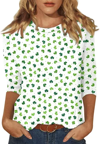 Vista 105 de Camisetas personalizadas para mujer, a la moda, casual, de séptima manga, estampada, cuello redondo, camiseta