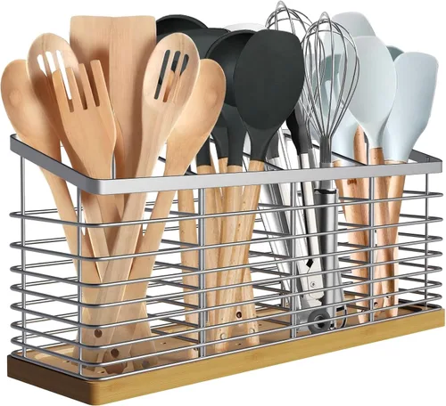 Vista 9 de Suli - Soporte extra grande para utensilios de cocina, 4 compartimentos, color negro Metal Utensil Holder with Wooden Base for Countertop, Rustic