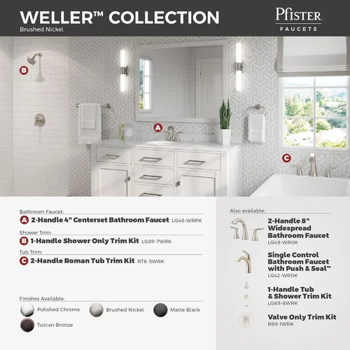 Vista 7 de Pfister Weller LG42WR0K - Grifo de lavabo de baño de una sola manija, instalación de 1 agujero o 3 agujeros, acabado de níquel cepillado con drenaje