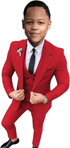 Vista 3 de Traje de 3 piezas con solapa de muesca, traje de fiesta para niños de un solo pecho, traje de fiesta de flores para niños, blazer y pantalones