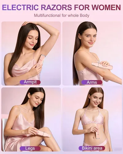 Vista 7 de Recortadora de bikini para mujer, recargable, con cuchillas de cerámica a presión, cabeza lavable IP7X, color rosa pastel