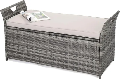 Vista 8 de VINGLI Caja de mimbre para exteriores de 40 galones con cojín, caja de almacenamiento de mimbre para patio, jardín, balcón, porche, piscina, patio