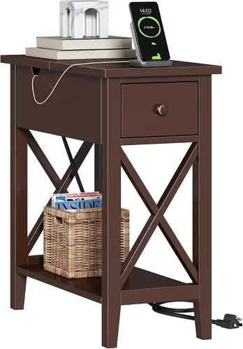 Vista 7 de ChooChoo Mesa auxiliar, mesa auxiliar estrecha abatible con estación de carga Narrow Side Table with USB Ports and Outlets, Nightstand with