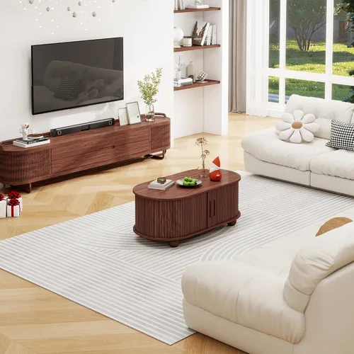 Vista 9 de Mesa de centro moderna de mediados de siglo con almacenamiento, mesa de centro ovalada de madera con puerta corrediza de tambor, mesa central