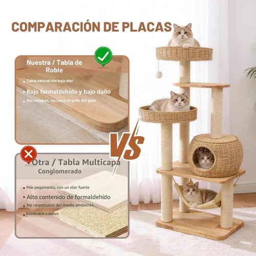 Vista 4 de Árbol para Gatos de Madera de 55" para Gatos de Interior Grandes Adultos, Torre Alta para Gatos con Poste Rascador y Hamaca Acogedora para Gatos