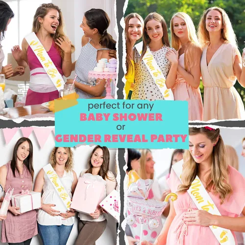 Vista 2 de CORRURE Banda para baby shower para niño o niña, banda con la frase "Mom to Be" con hermosa cinta blanca y texto dorado - Ideal para revelación