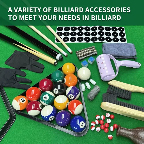 Vista 4 de Juego de 95 accesorios para mesa de billar: bolas, triángulo, estante, taco, tiza, puntas, calcomanías, paño, cepillo y limpiador