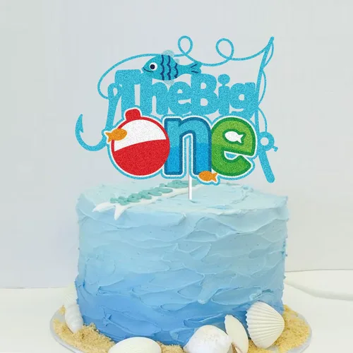 Vista 4 de The Big One Happy Birthday Cake Topper Pesca Azul Purpurina Feliz 1er Cumpleaños Un Año de Edad Pasado Pequeño Pescador Decoración de Pasteles