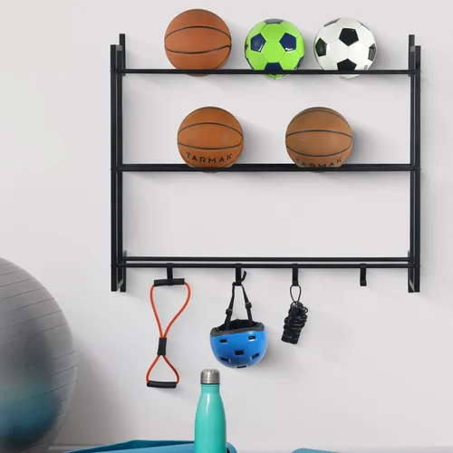 Vista 3 de MyGift Estante para pelotas montado en la pared, 3 niveles de gimnasio, equipo de ejercicio, organizador de almacenamiento, estante con 4 ganchos