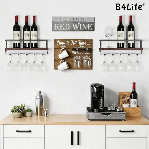 Vista 2 de B4Life Soporte para copas de vino montado en la pared, estante colgante para copas de vino para botellas de vino, estante de bar montado en la pared