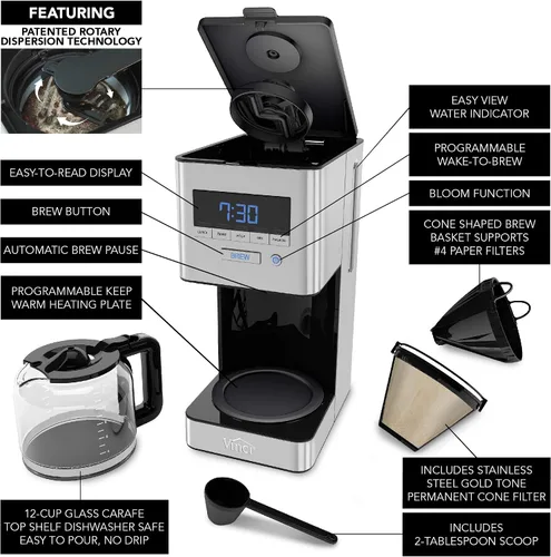 Vista 8 de VINCI RDT Elite - Cafetera giratoria con cabezal rociador Cafetera programable de 12 tazas con función Bloom y tecnología de dispersión rotativa