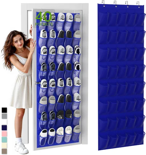 Vista 14 de Organizador de zapatos colgante sobre la puerta con 40 bolsillos grandes de malla transpirable, soporte de zapatos que ahorra espacio, estante