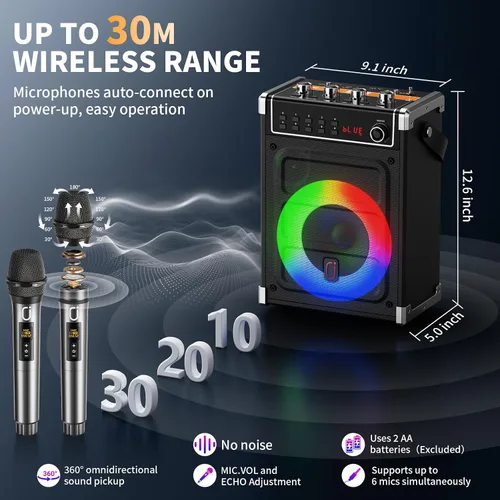 Vista 6 de JYX - Máquina de karaoke con 2 micrófonos inalámbricos, altavoz Bluetooth portátil con ajuste de graves/agudos y luz LED, compatible con TWS