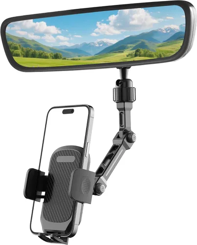 Vista 8 de Soporte para teléfono con espejo retrovisor – Soporte de teléfono de coche con brazo de metal sólido, ajuste universal para iPhone y Android, clip