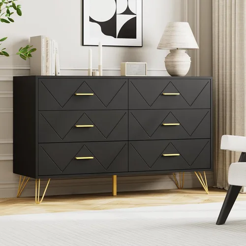 Vista 7 de JOZZBY Cómoda para dormitorio, cómoda de madera negra de 6 cajones con asas doradas, cómodas de almacenamiento modernas y cómodas para pasillo