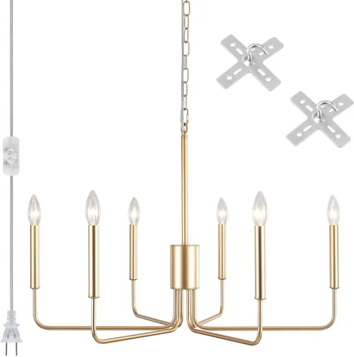 Vista 10 de Candelabro de 6 luces enchufables, lámpara colgante con cable de enchufe de 15.1 pies e interruptor, candelabros dorados enchufables para comedor