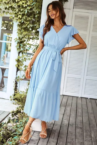 Vista 2 de PRETTYGARDEN - Vestido floral para mujer estilo bohemio, cruzado, con cuello en V, manga corta, con cinturón, dobladillo con volantes, acampanado