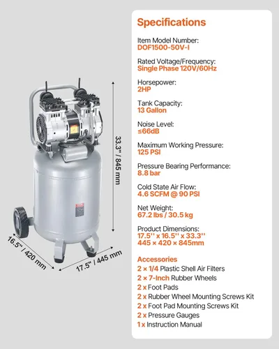 Vista 7 de VEVOR Compresor de aire de 13 galones, 2 HP, 4.6 SCFM a 90 PSI, tanque sin aceite, funcionamiento silencioso de 66 dB, ideal para inflar neumáticos