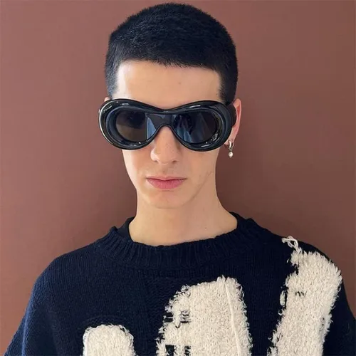 Vista 5 de FEISEDY Lentes de sol ovalados inflados para mujeres y hombres, a la moda, de gran tamaño, montura gruesa, Y2K, divertidos tonos estéticos B9088