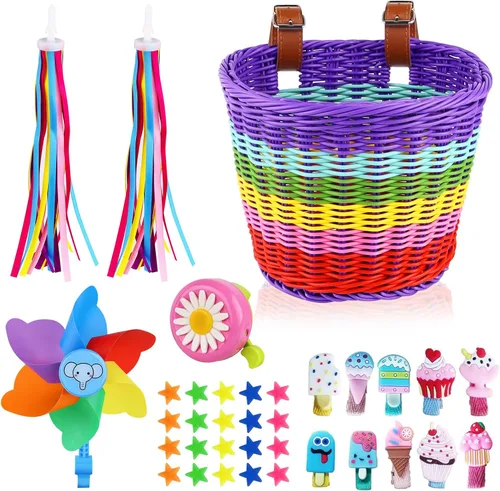 Vista 11 de Cesta de Bicicleta para Niños, Cesta de Bicicleta Desmontable para Niñas con Coloridas Serpentinas de Bicicleta, Campana de Bicicleta, Molinillo