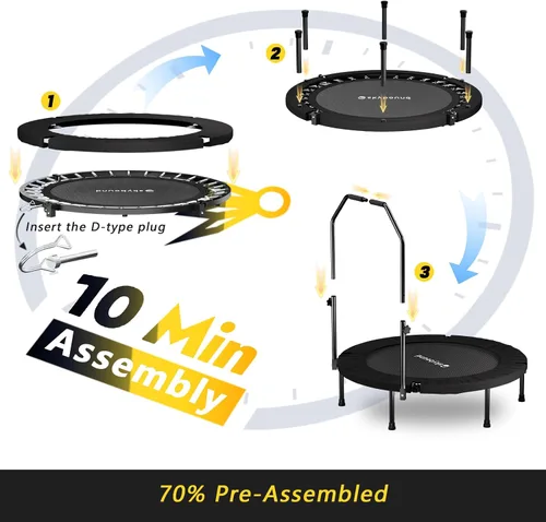 Vista 5 de SkyBound Rebounder Trampoline for Adults - Indoor Mini Trampoline with Bar, Fitness Rebounder with 3 Adjustable Foam Handles, Exercise Trampoline
