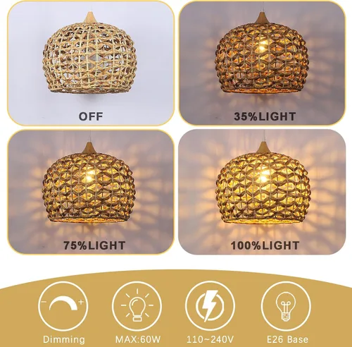 Vista 3 de Luces Colgantes Bohemias, Candelabro de Ratán de 1 Luz de 15.7", Luz Colgante de Mimbre Tejida a Mano con Pantalla de Jacinto de Agua, Luz Colgante