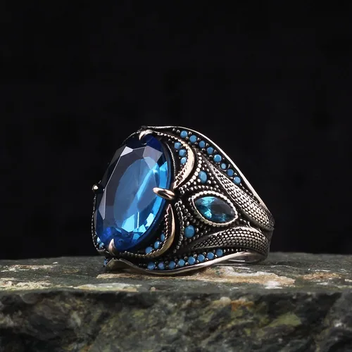 Vista 4 de BayVog 925 Sterling Silver Men's Ring, Blue Topaz Gem Stone Men Silver Ring, Handmade Zircon Stone Silver Ring for Men, Blue Stone Silver Ring gifts